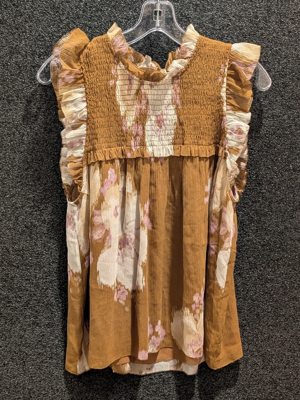 Unsubscribed Silk Smocked Ruffle Floral Blouse in Tan and Pink Size 6